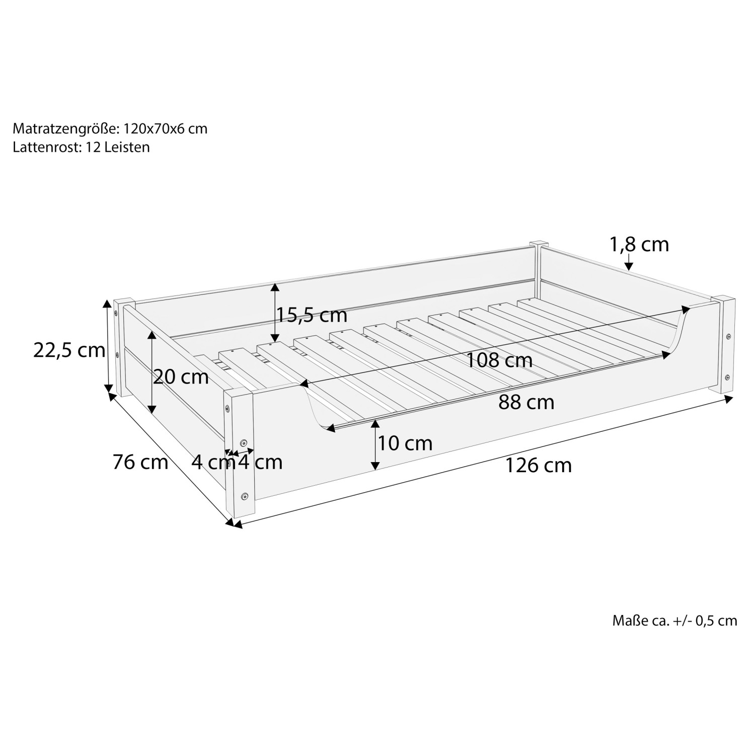Skizze Hundesofa XXL, Kiefer weiß, 120x70 cm, Rollrost. Maße und Details des Tierbetts.