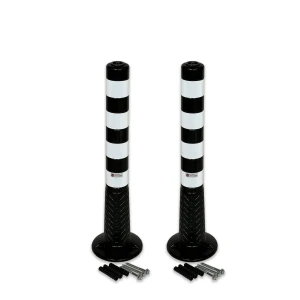 Zwei schwarze UvV Absperrpfosten Ecoline, 75cm, mit Reflexstreifen und Befestigung.