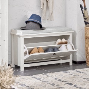 Weiße SoBuy Schuhbank FSR161-W mit Sitzkissen und Schuhregal für Flur und Diele.