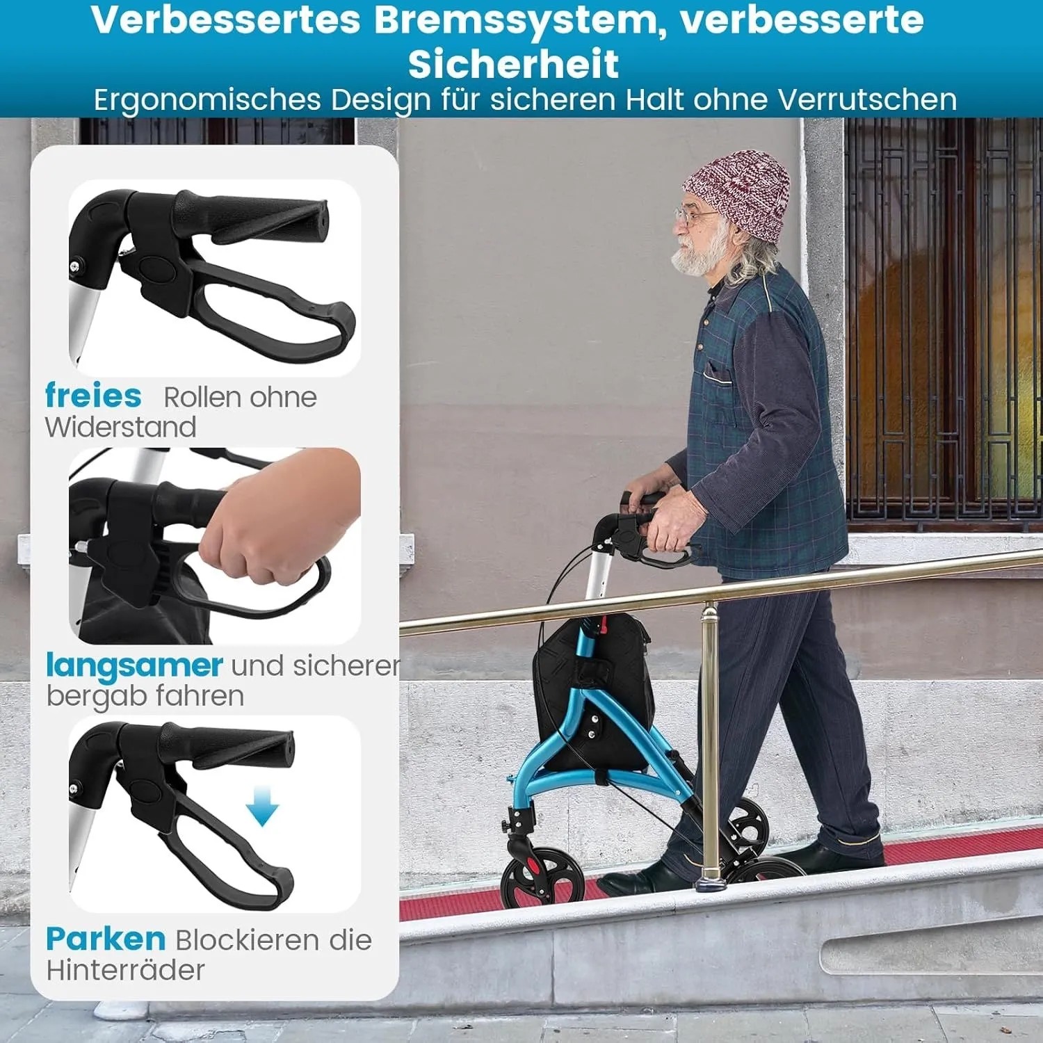 Blauer faltbarer 3-Rad Rollator Gehhilfe aus Aluminium, höhenverstellbar. Senior auf Rampe, Bremssystem-Funktionen.