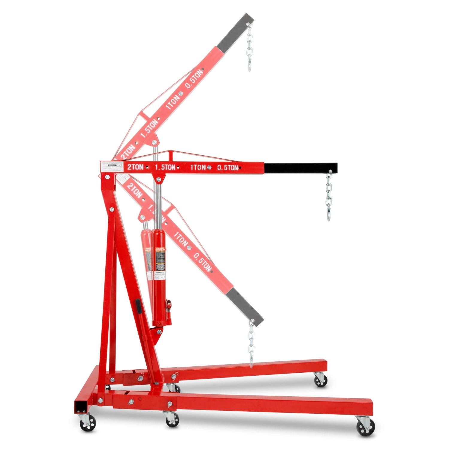 Roter EBERTH Motorkran mit 2000kg Tragkraft, verstellbarer Ausleger und Rollen für Werkstatt.