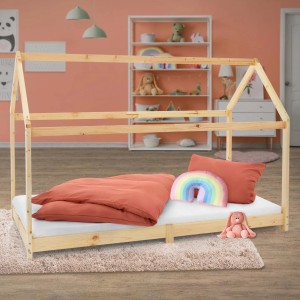 ML-Design Kinderbett 90x200 cm mit Dach, Hausbett aus Kiefernholz, Natur.