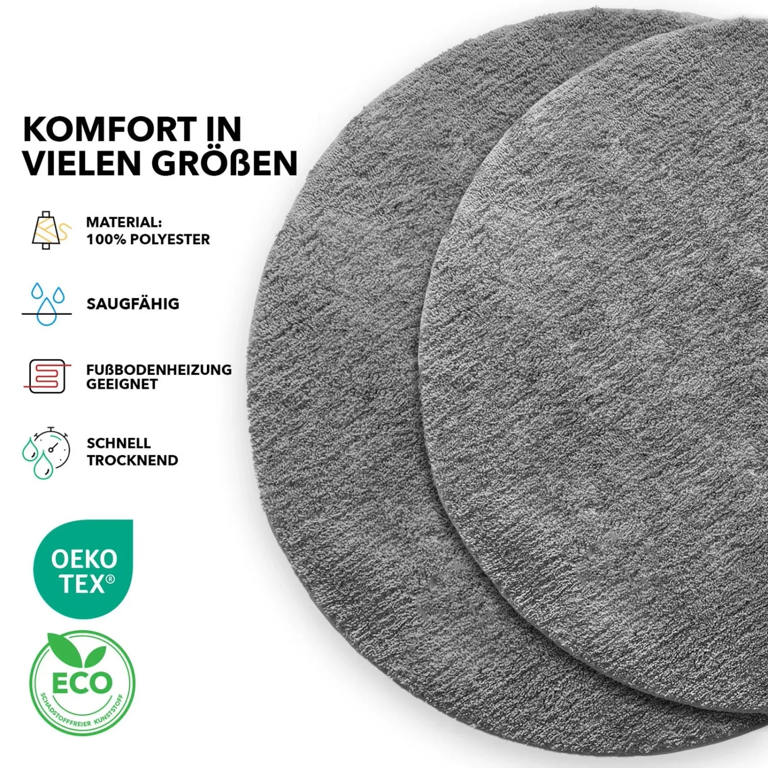 Runde, dunkelgraue KARAT Badematte SKY, flauschiger Badteppich, Durchmesser 120 cm.
