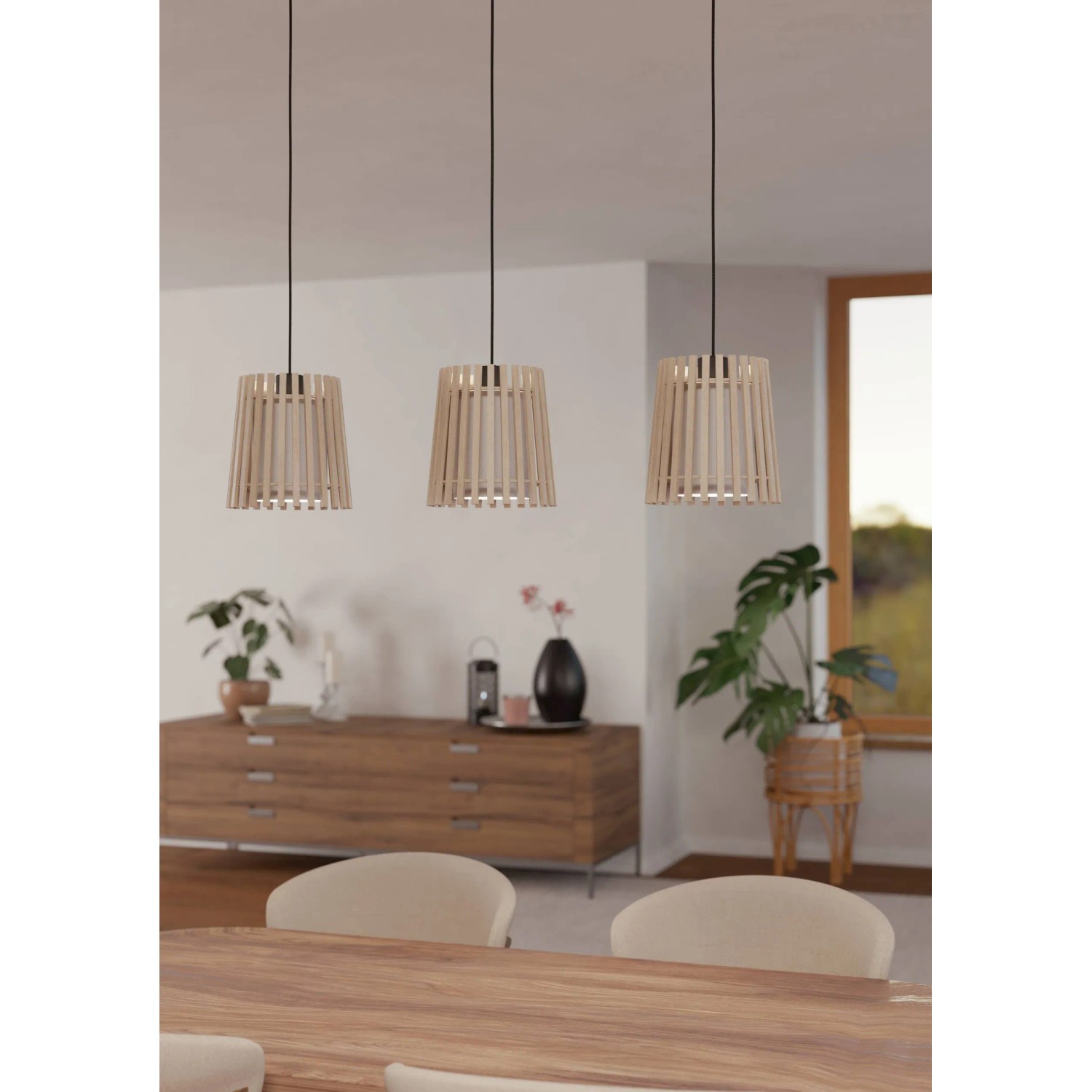 Eglo Fattoria Pendelleuchte, 3-flammig, Holz und Textil, weiß-braun, für Wohnbereich.