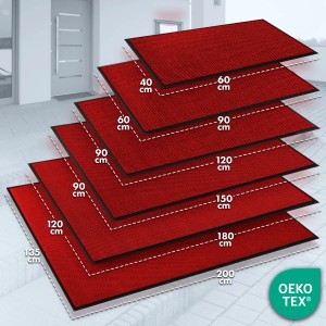Mehrere rote KARAT Schmutzfangmatten SKY Novo in verschiedenen Größen gestapelt.