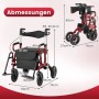 Roter Costway 2-in-1 Rollator und Rollstuhl mit Luftbereifung. Zeigt Maße im ausgeklappten und gefalteten Zustand.