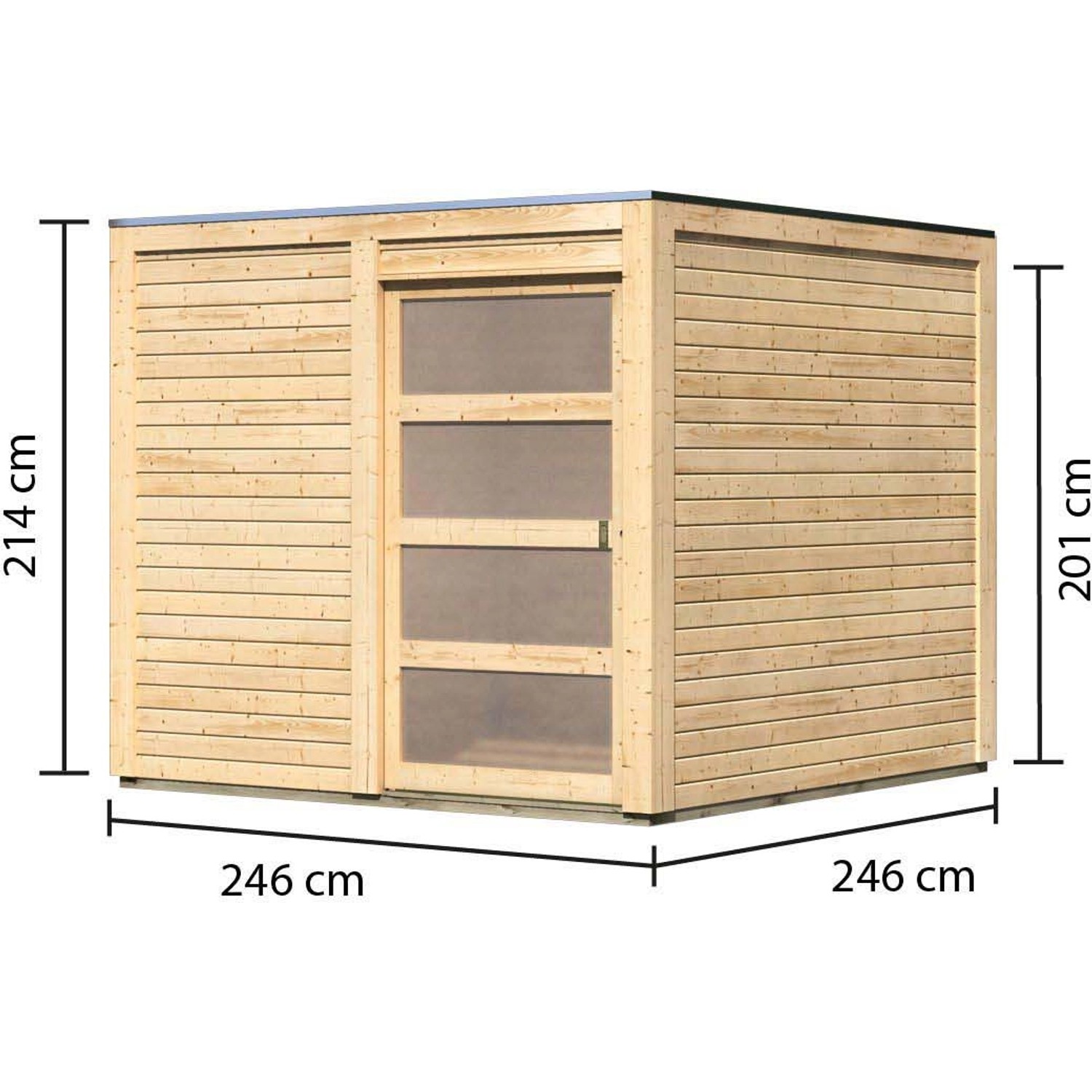 Karibu Holz-Gartenhaus Cuadrado, unbehandelt, mit Maßen 242x242 cm und Flachdach.