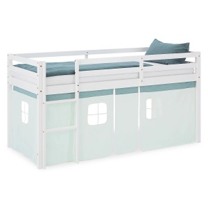 Homestyle4u Kinder Hochbett 90x200 mit grünem Vorhang, weißes Kiefernholz, Leiter.