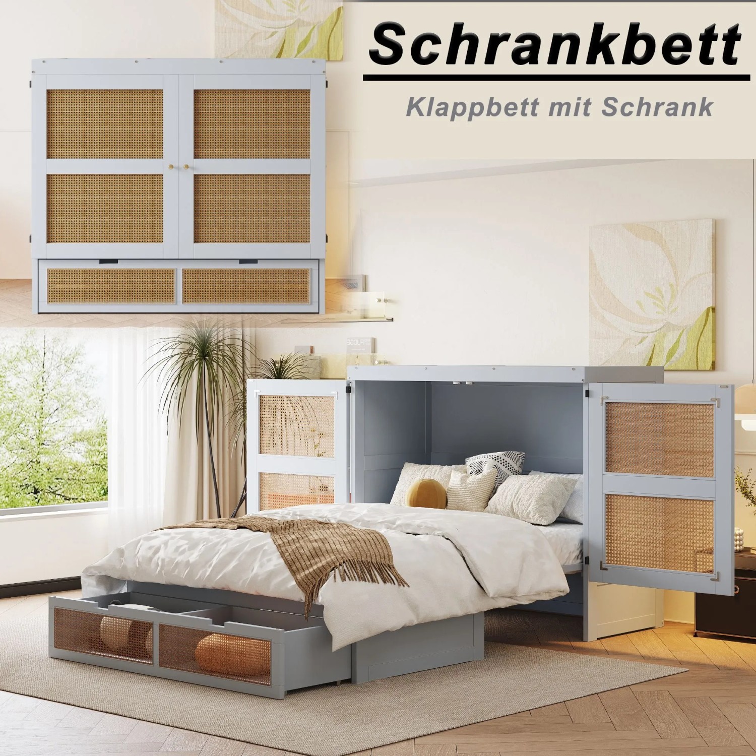 Graues Schrankbett 140x200cm mit Rattan-Fronten, als Wandbett hochgeklappt und als Bett mit Stauraum ausgeklappt.