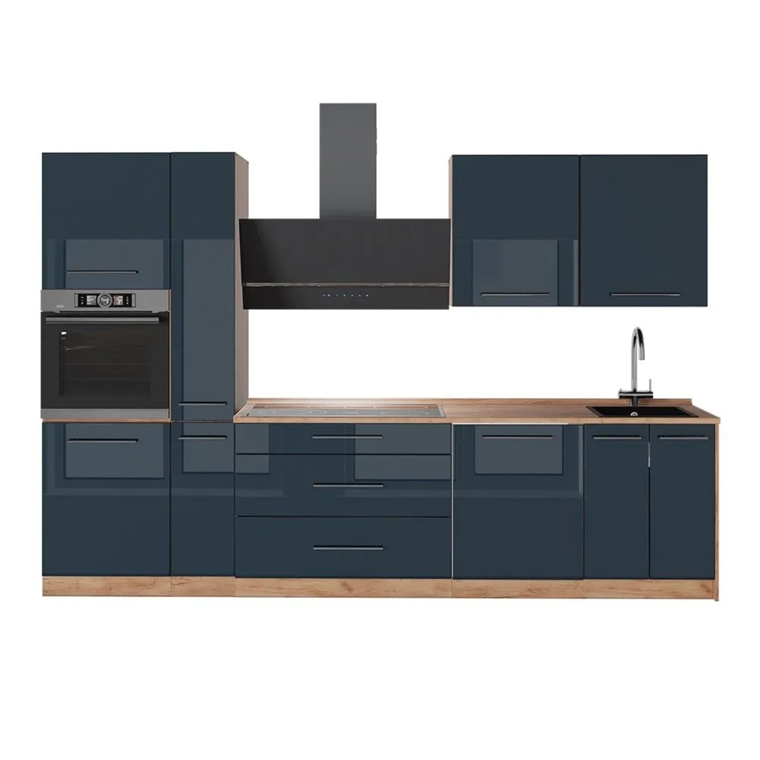Vicco Küchenzeile Fame-Line Dunkelblau Hochglanz/Goldkraft Eiche 310 x 207 AP Eiche Art Nr 65744