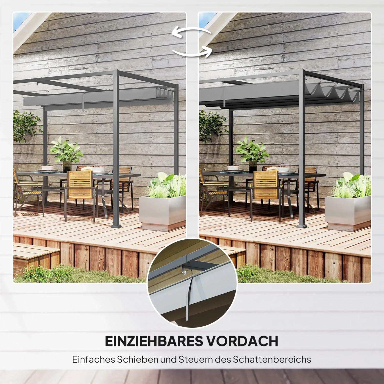 Outsunny Pergola mit einziehbarem Terrassendach, grau. Flexibler Sonnenschutz für Garten und Terrasse.
