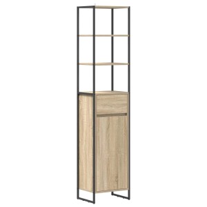 Bad-Hochschrank in Sonoma-Eiche-Optik mit schwarzem Metallrahmen, offenen Regalen, Schublade und Tür.