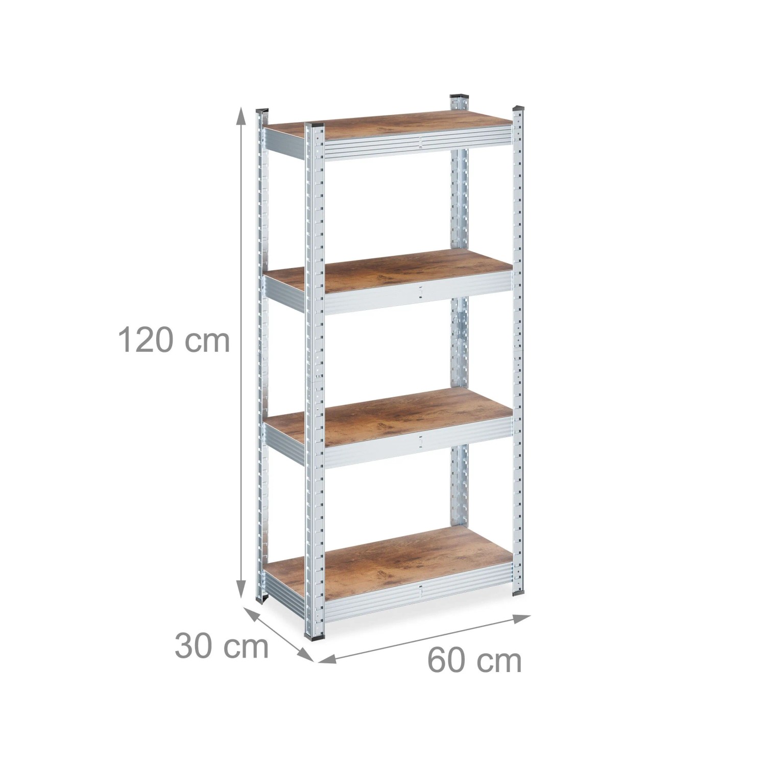 Schwerlastregal mit 4 Böden in Holzoptik, 120x60x30 cm, für Werkstatt oder Keller.