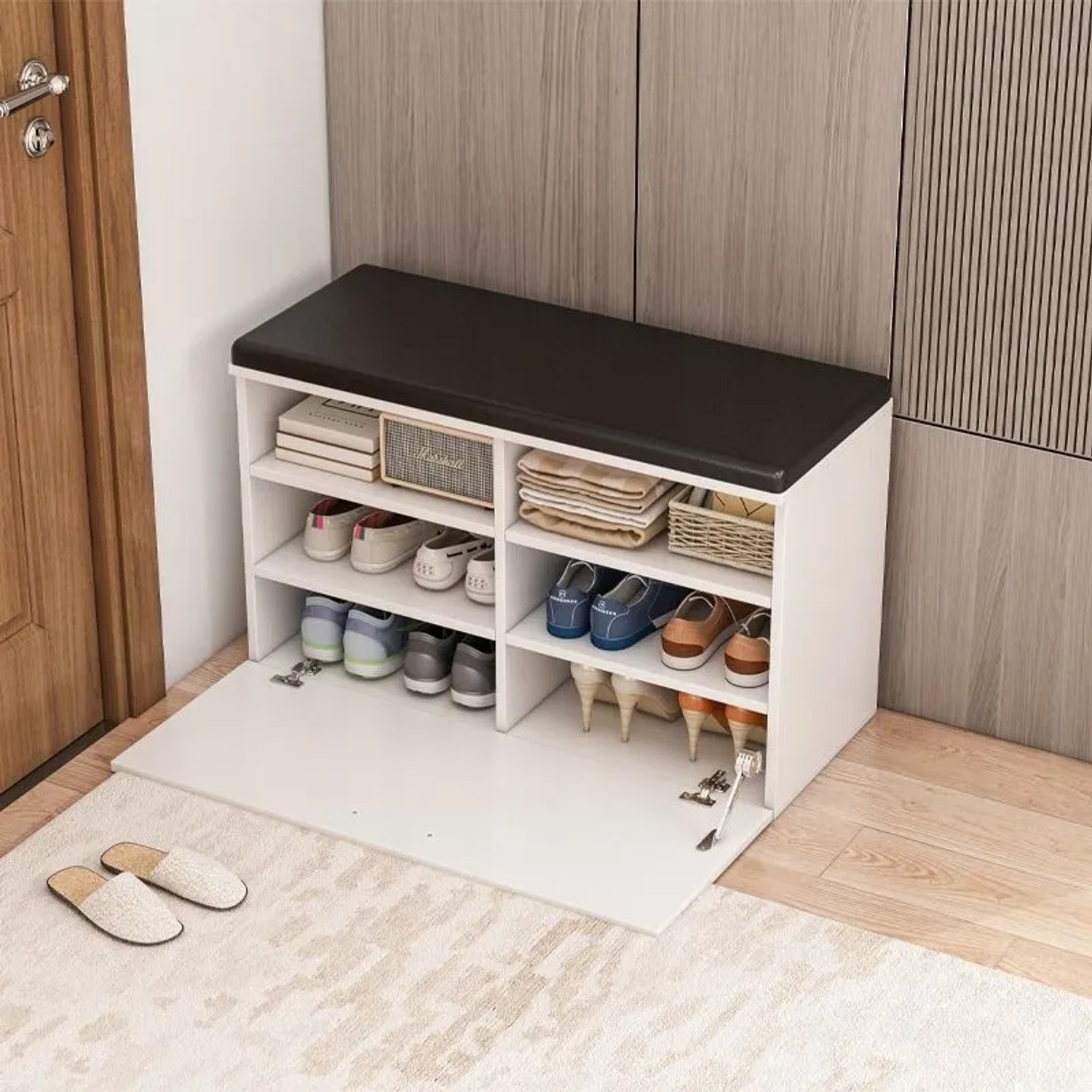 Rebiko Weißer Schuhschrank Mit Sitzfläche Und Stauraum Für Den Flur 6 Einlegeböden Zu Öffnen_6