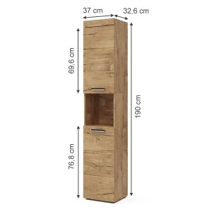Vicco Badschrank Luna Eiche, 190 cm hoch. Badregal mit offenem Fach und zwei Türen. Badmöbel für mehr Stauraum.