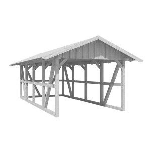 Weißer Skan Holz Carport Schwarzwald mit Dachschalung und Rückwand, Fachwerkbauweise.