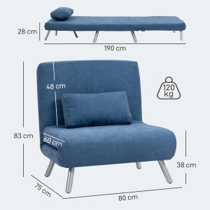 Blauer HOMCOM Schlafsessel 2-in-1, klappbar zum Schlafsofa mit Kissen und Maßangaben.