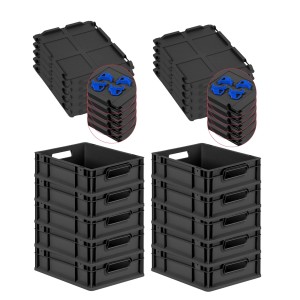 PROREGAL SuperSparSet: 10 schwarze Euroboxen mit Deckel und blauen Verschlüssen, 11 Liter, mit Griffen.