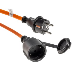 Orangefarbenes ChiliTec Verlängerungskabel 10m mit schwarzem IP44 Schutzkontakt-Stecker und Kupplung mit Schutzkappe.