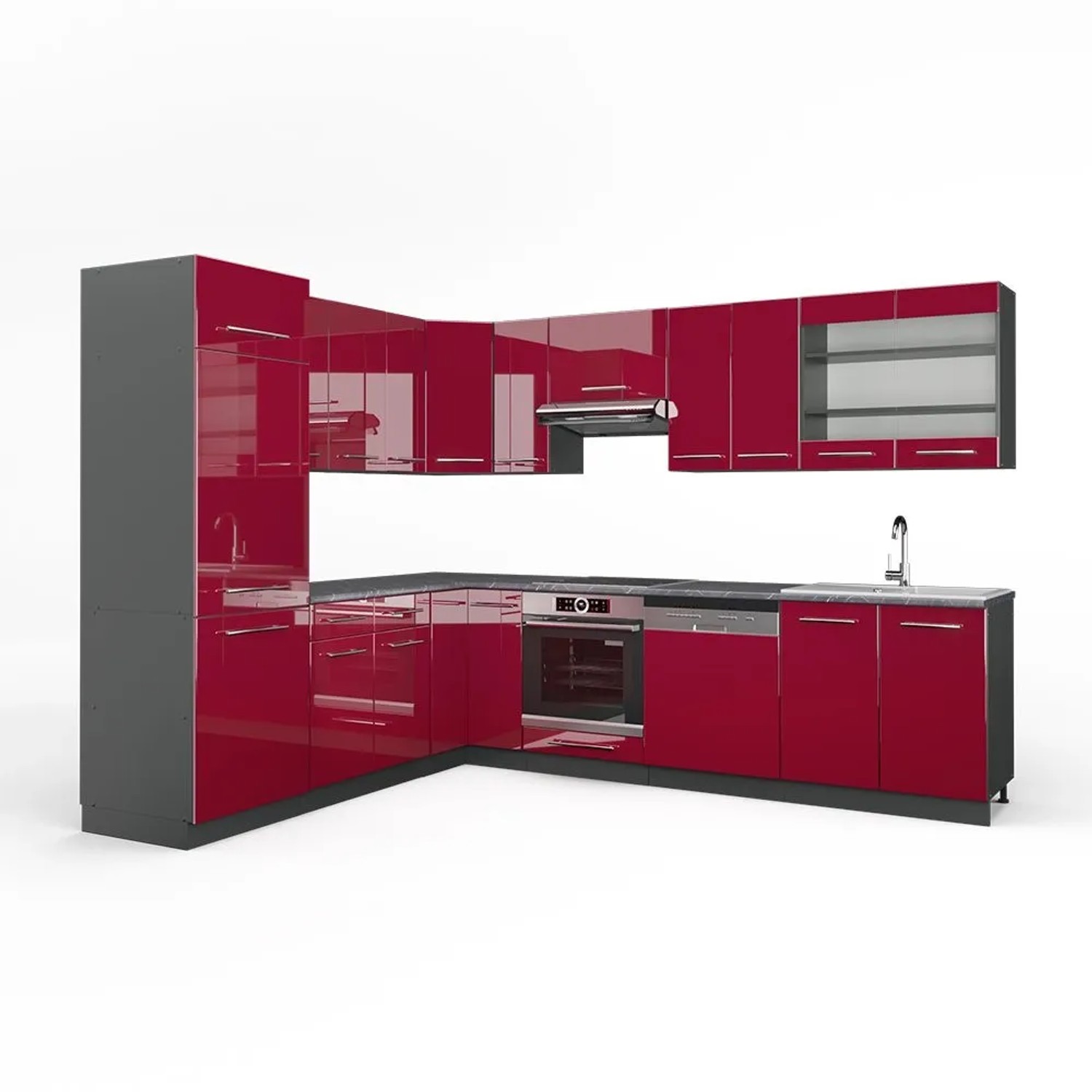 Vicco Eckküche Fame-Line Bordeaux Hochglanz/Anthrazit 287 x 82, AP Anthrazit
