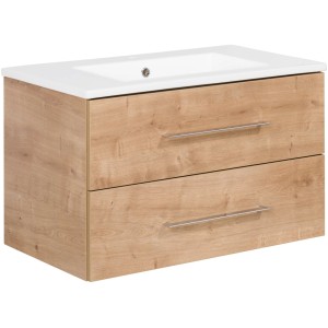 Fackelmann Waschplatz 80 cm in Ast-Eiche mit weißem Keramikwaschbecken und zwei Schubladen.