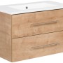 Fackelmann Waschplatz 80 cm in Ast-Eiche mit weißem Keramikwaschbecken und zwei Schubladen.