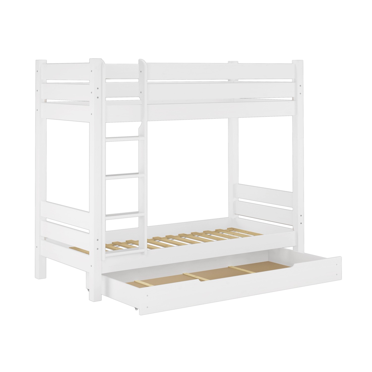 Weißes Etagenbett aus Kiefernholz mit Gästebettkasten und Rollrost.
