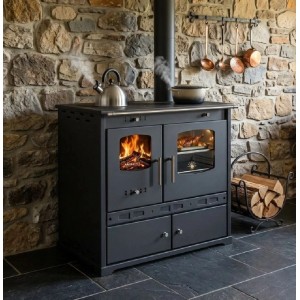 Prometey LTD Holzherd ECO LUX INOX Mit Edelstahlbackfach Schwarz Rechte Version