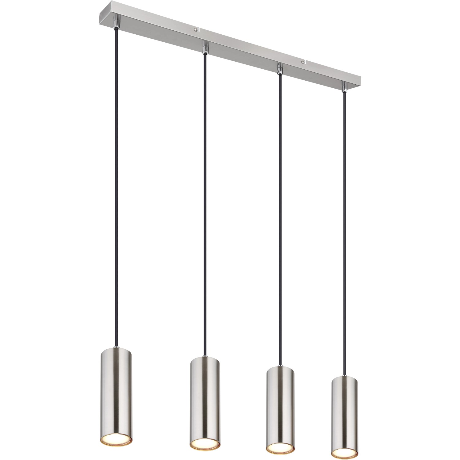 Moderne 4-flammige Pendelleuchte Robby in Nickel matt, zylinderförmige Schirme.