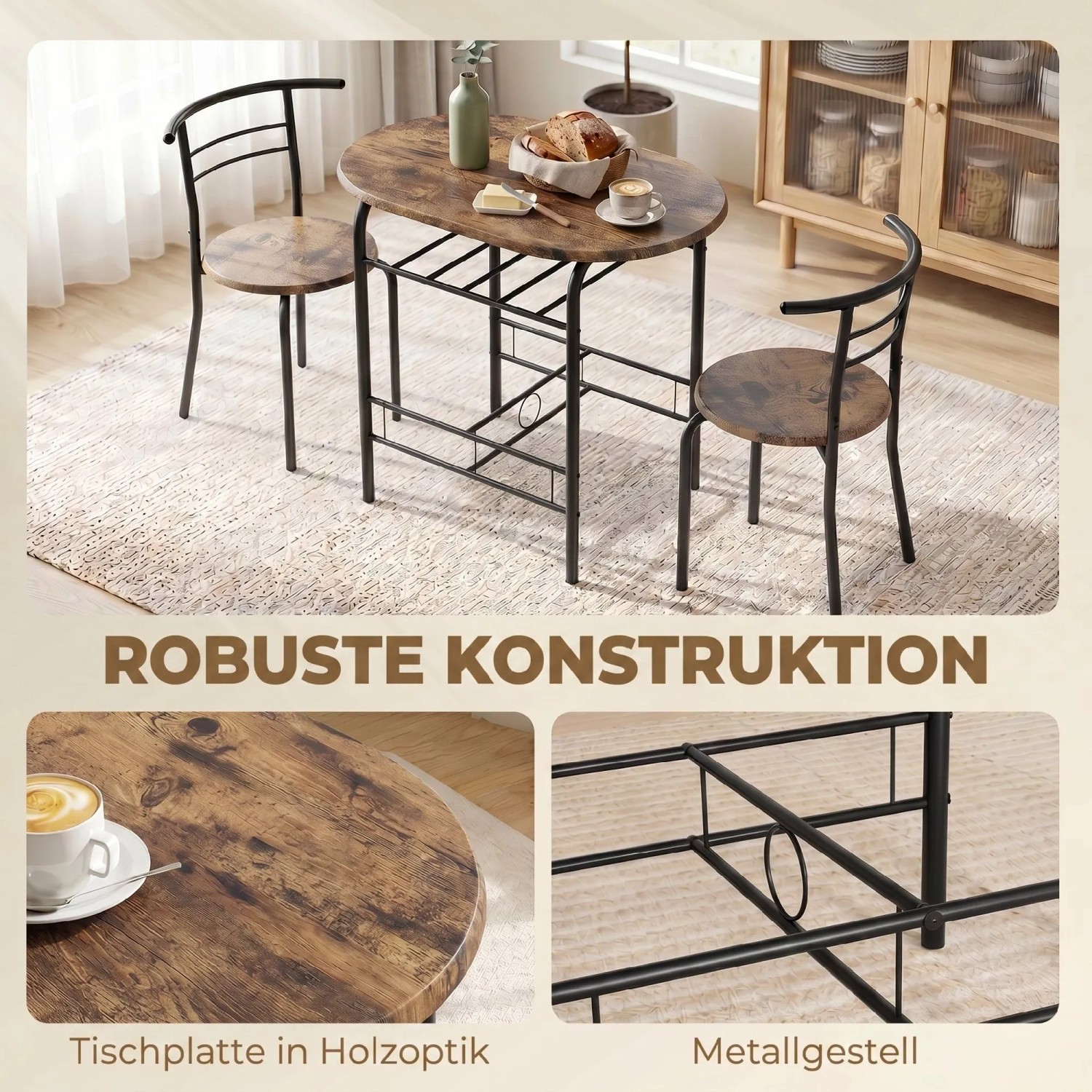 HOMCOM Essgruppe: ovaler Tisch in Holzoptik, rustikal-braun, mit schwarzem Metallgestell und zwei passenden Stühlen. Platzsparend.