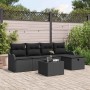 Schwarzes 6-tlg. vidaXL Garten-Sofa-Set aus Poly Rattan mit Kissen und Tisch.
