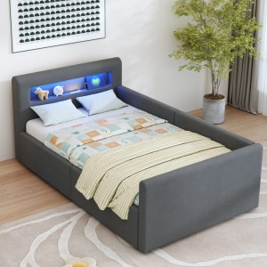 Dunkelgraues Samt Kinderbett 90x200cm mit LED-Kopfteil, USB, Stauraum und Seitenlehne.