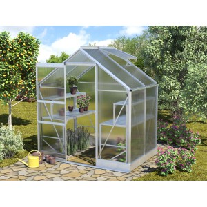 Vitavia Gewächshaus Apollo 2500 mit Regalen und geöffneter Tür im Garten.