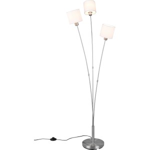 Moderne Reality Stehleuchte Tommy, Nickel matt, mit drei weißen Lampenschirmen. Design-Stehlampe für Wohnzimmer.