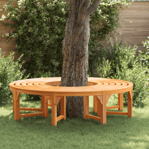 Braune vidaXL Baumbank aus Eukalyptusholz für den Garten. Runde Sitzbank um einen Baum.