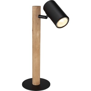 Globo Design-Tischlampe Herti, dunkelbraunes Holz mit schwarzem Metallsockel und Lampenkopf.