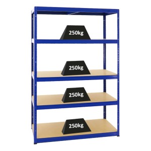 Blaues PROREGAL Schwerlastregal Big Elephant mit 5 Böden, Fachlast 250 kg, 180x120x60 cm.