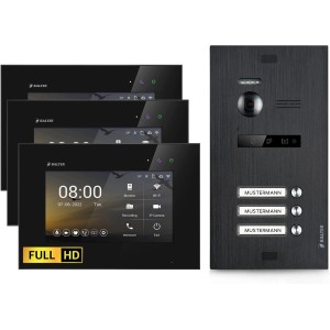 Balter EVO-HD Video-Türsprechanlage für 3-Familienhaus mit 3 Monitoren und Türstation in Schwarz.