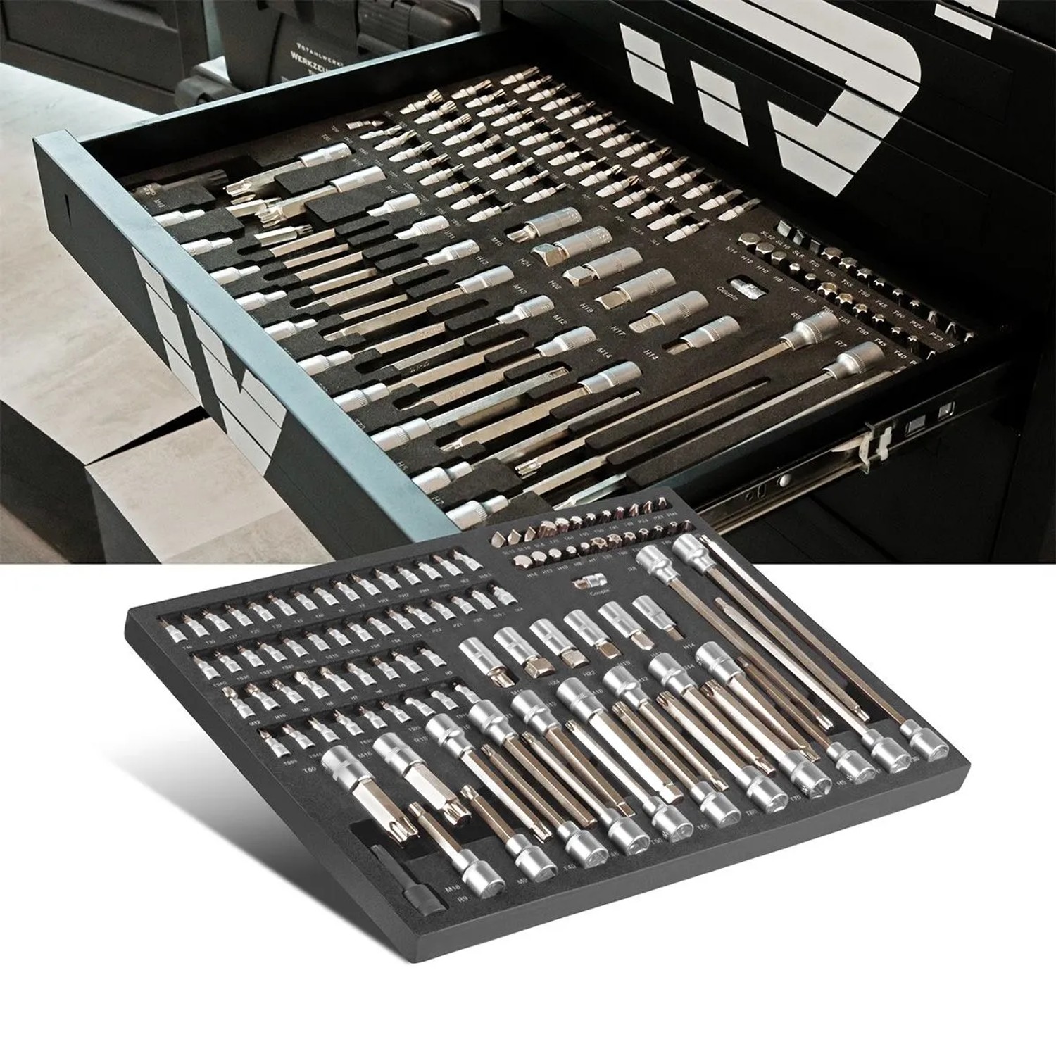 STAHLWERK Werkstattwageneinlage mit 102-teiligem Bit- und Steckschlüsselsatz im Werkstattwagen.