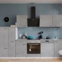 Respekta Küchenblock Malia 310 cm in Betonoptik mit E-Geräten: Herd, Spüle, Geschirrspüler und Kühlschrank.