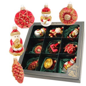 9-tlg. Set Krebs Glas Lauscha Weihnachtskugeln: Figuren, Kugeln, Zapfen in Rot und Gold.