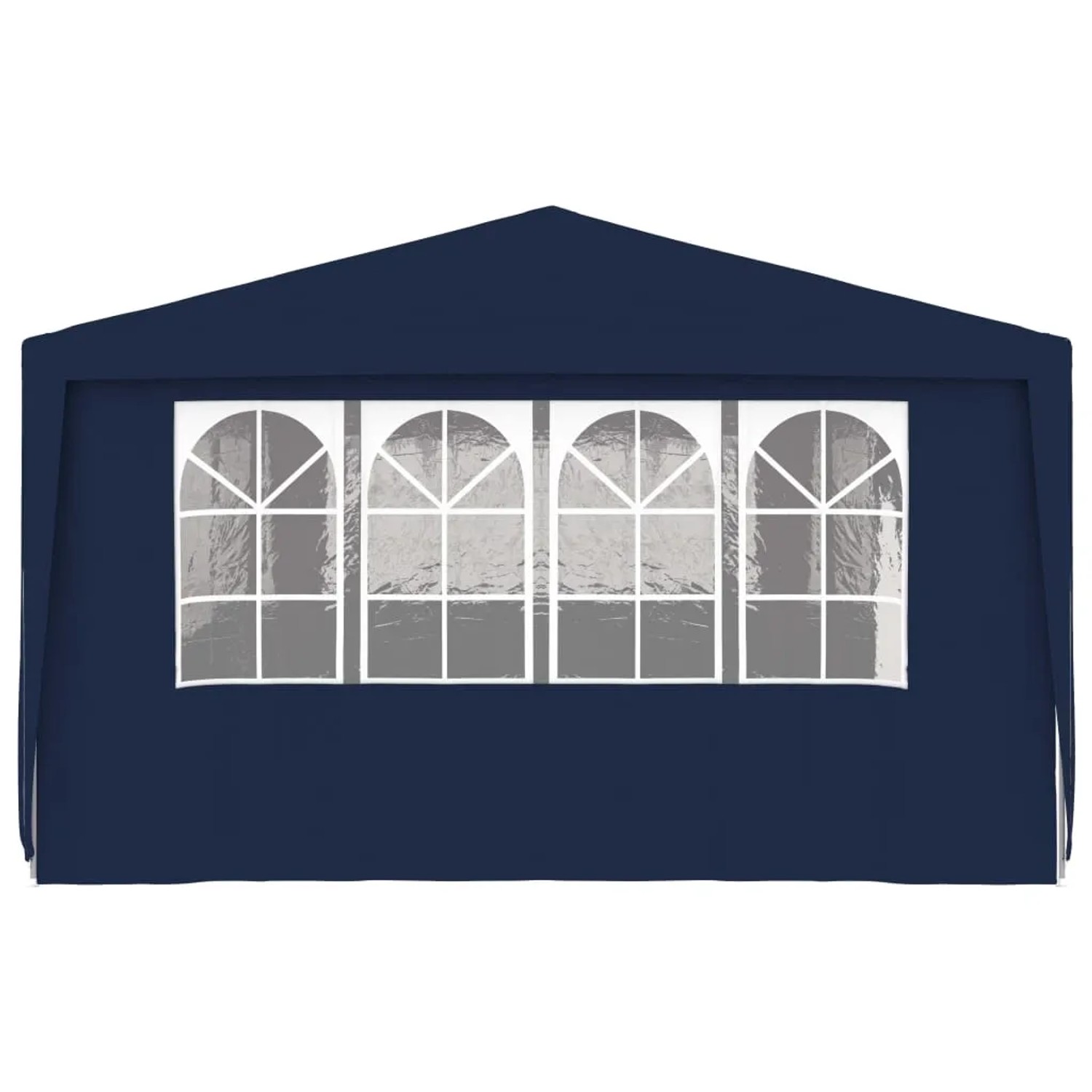 Blaues Partyzelt 4x9m mit Seitenwänden und Fenstern. Ideal für Gartenpartys.