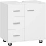 Weißer Waschbeckenunterschrank mit 3 Schubladen und einer Tür. Moderner Badschrank mit viel Stauraum für Ihr Badezimmer.