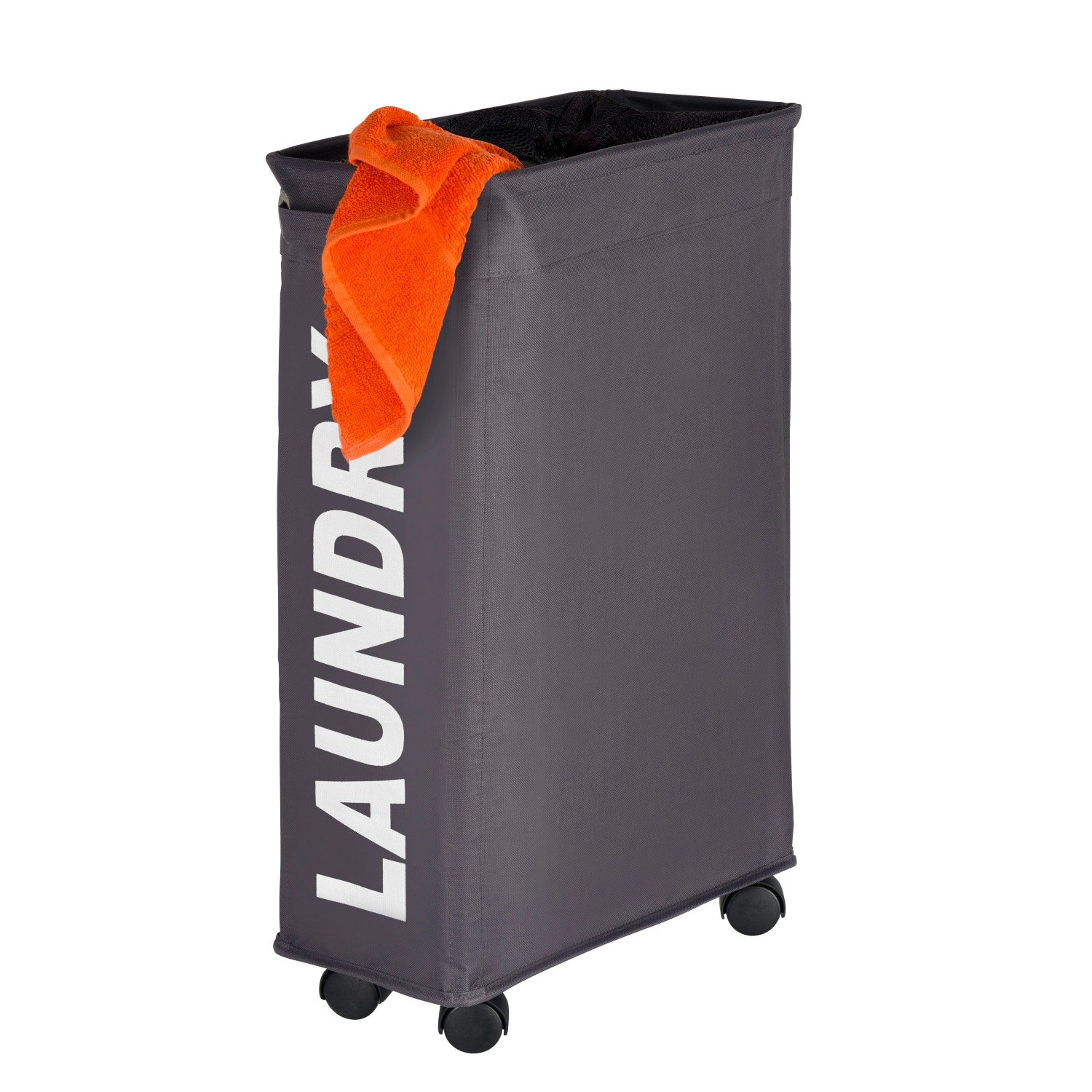 Schmaler, dunkelgrauer Wenko Wäschesammler Corno mit Rollen und Sichtschutz, 43 Liter.