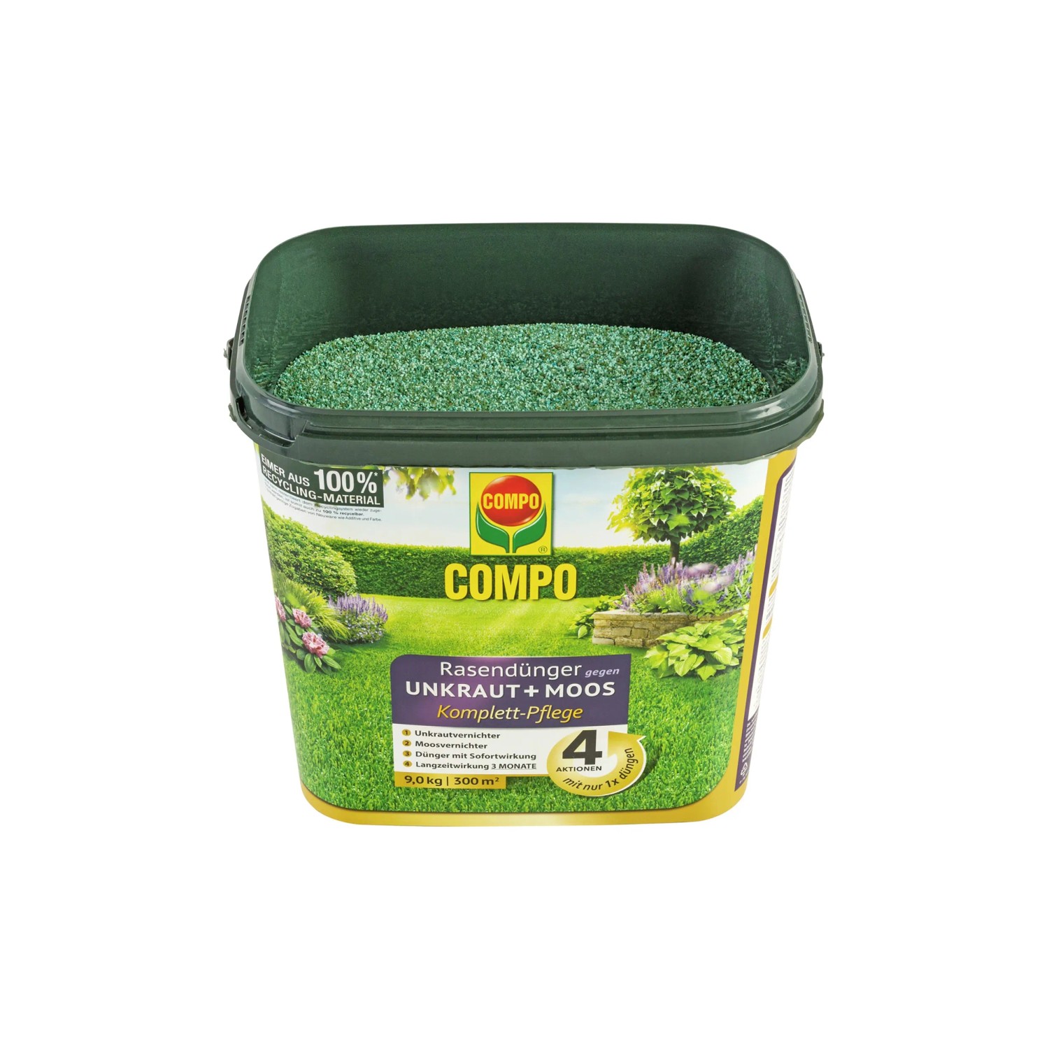 Compo Rasendünger Unkraut & Moos 4in1, 9kg Eimer für 300m² Rasenfläche.