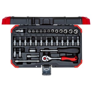 Gedore Steckschlüssel-Satz R49003033, 33-teilig im Koffer mit Knarre, Einsätzen und Bits.