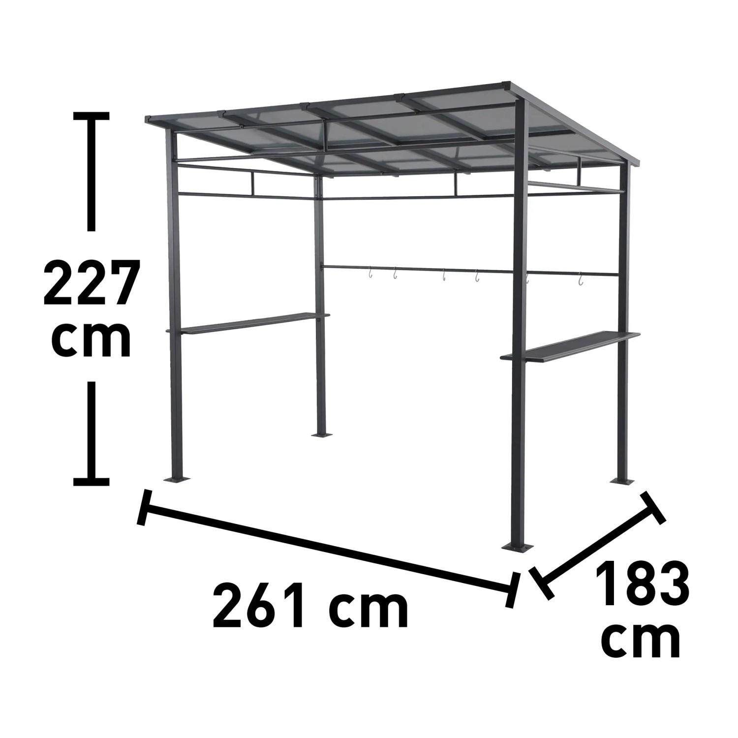 Anthrazitfarbener Pavillon Bramston aus Aluminium mit Ablageflächen und Haken, Maße: 227x261x183 cm.