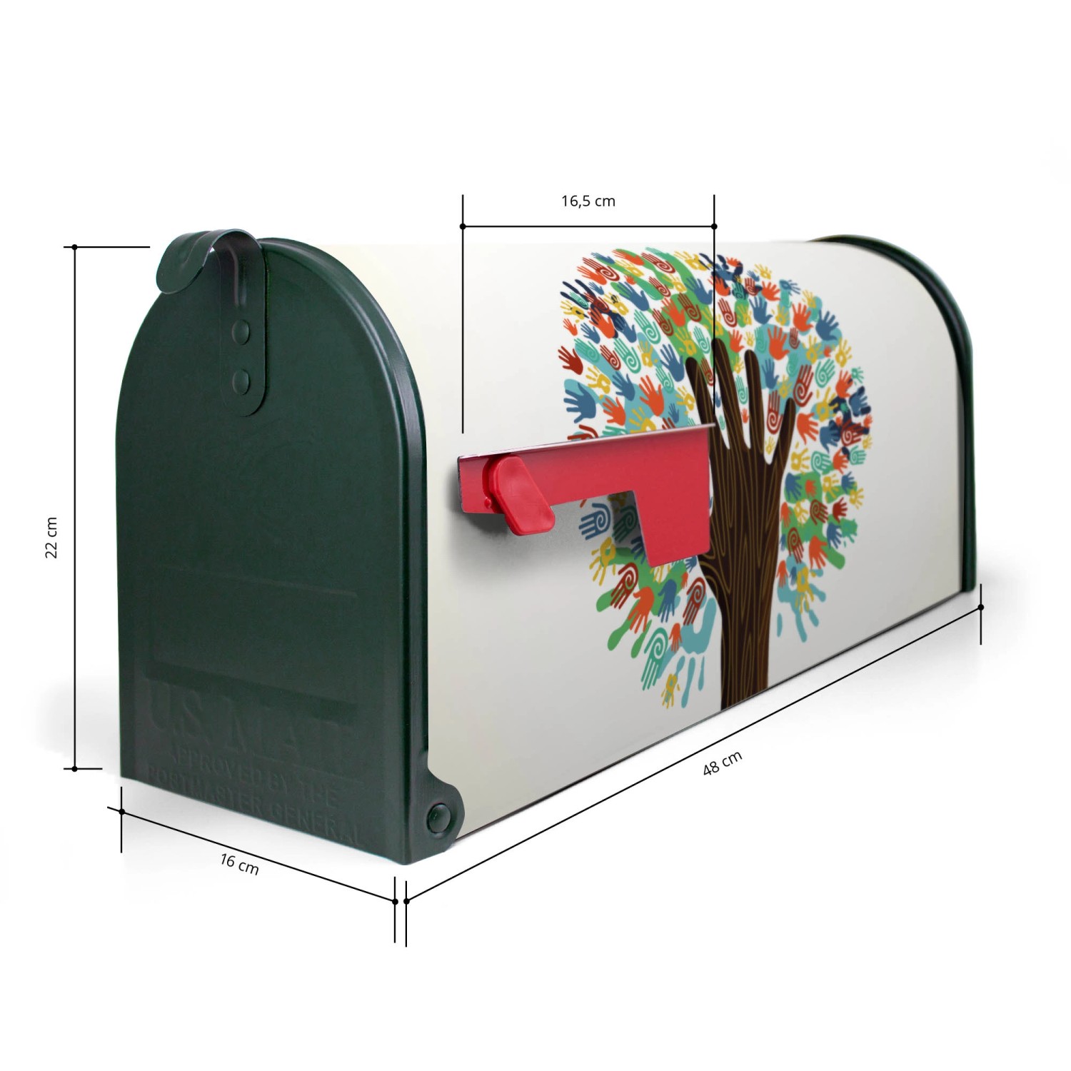 Grüner Banjado US Briefkasten mit Motiv 'We Are The World', Stahl, 48x22x16cm.