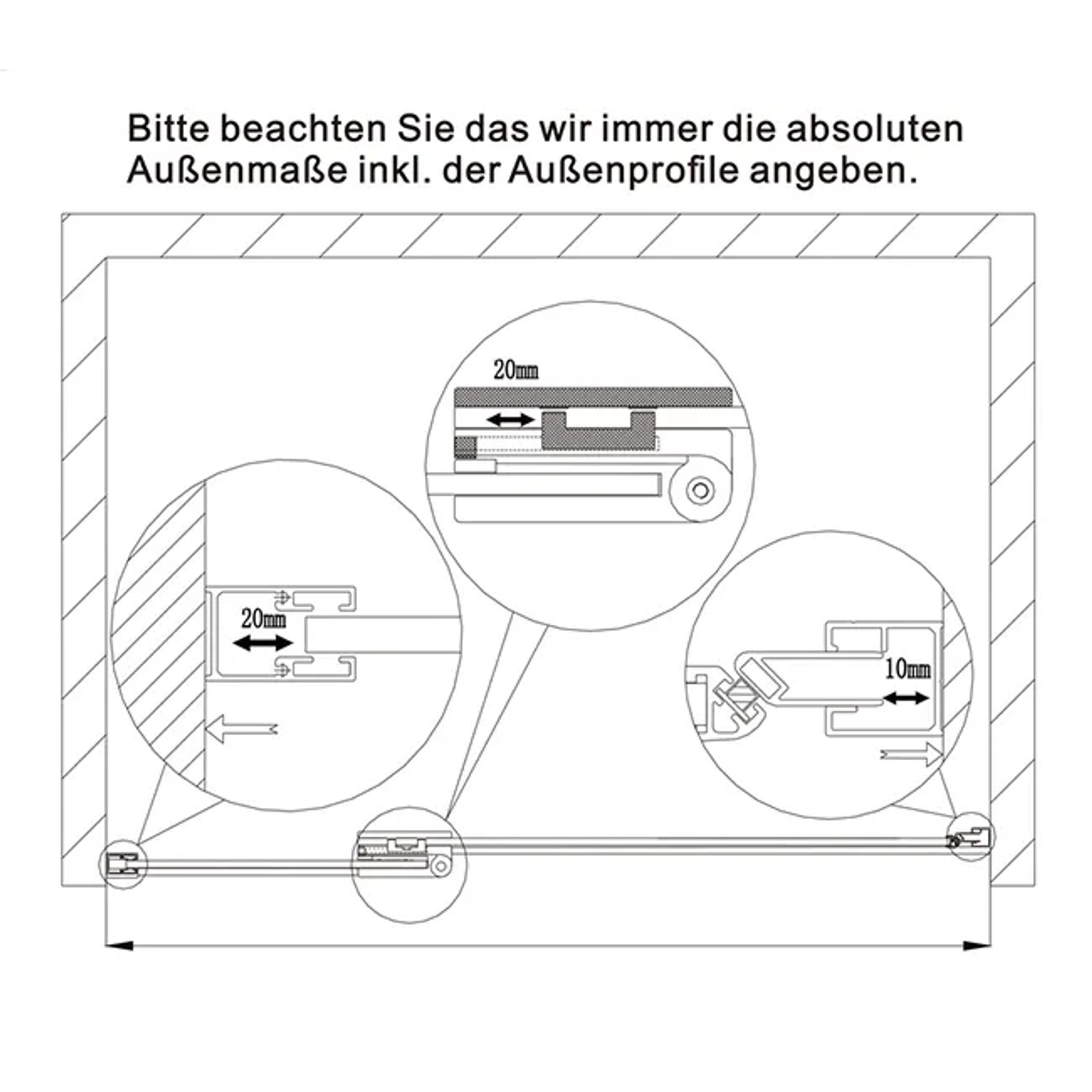 Technische Zeichnung der AICA Duschtür mit Maßangaben zu Profilen und Wandausgleich.