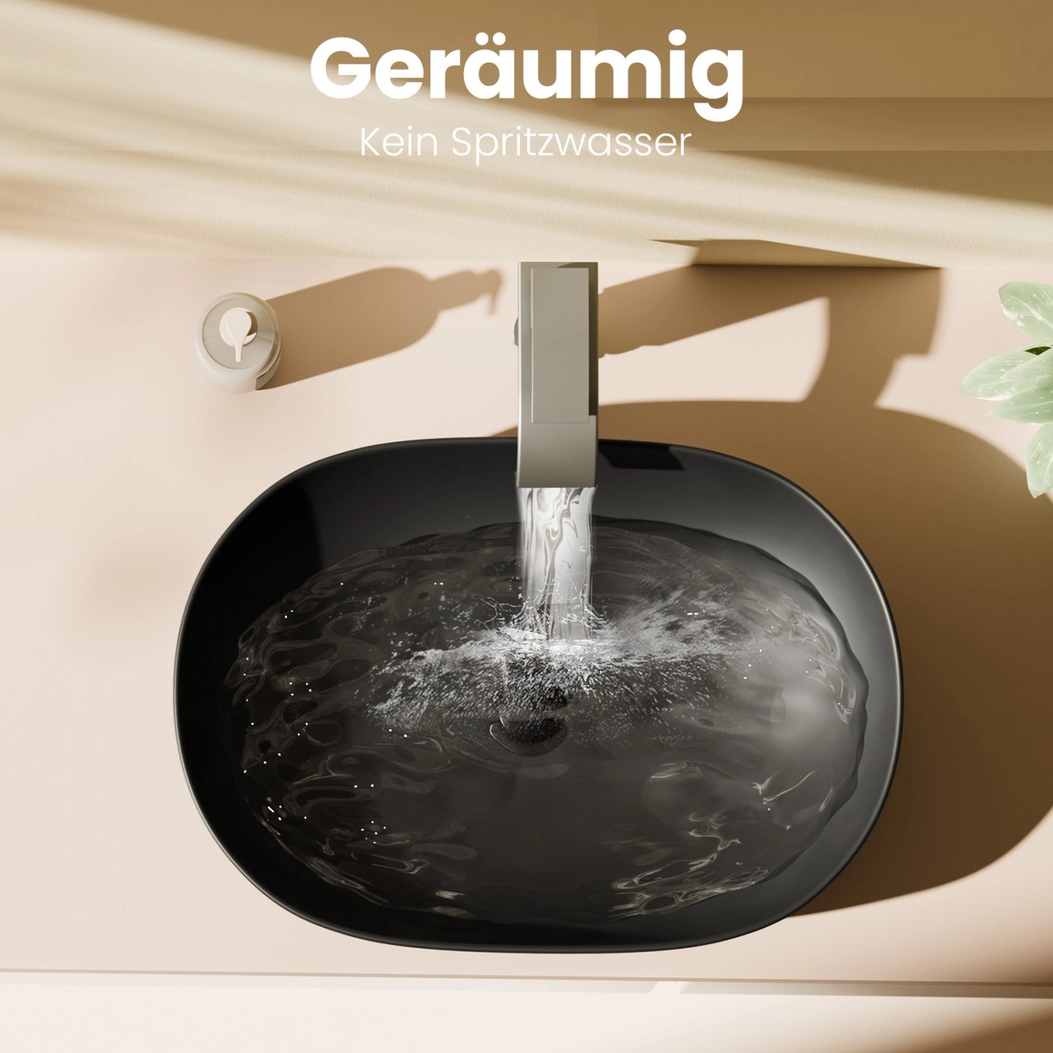 Emke Aufsatzwaschbecken, 60 cm, mattschwarz, abgerundetes Rechteck. Keramikwaschbecken mit Wasser.